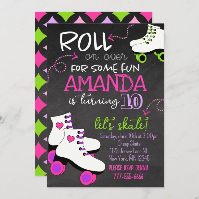 Convites Girler Roller Skating Chalkboard Birthday (Frente/Verso)