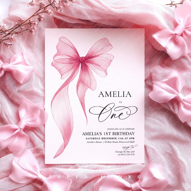 Convites Girls 1st birthday pink bow coquette  (Amelia is One! Pink Bow 1st birthday invitation)