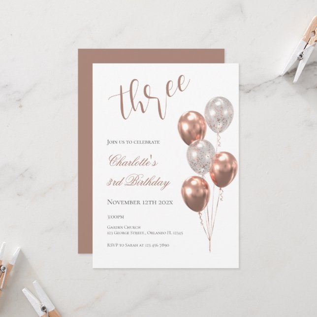 Convites Girl's 3rd birthday, with beige balloons (Frente/Verso In Situ)