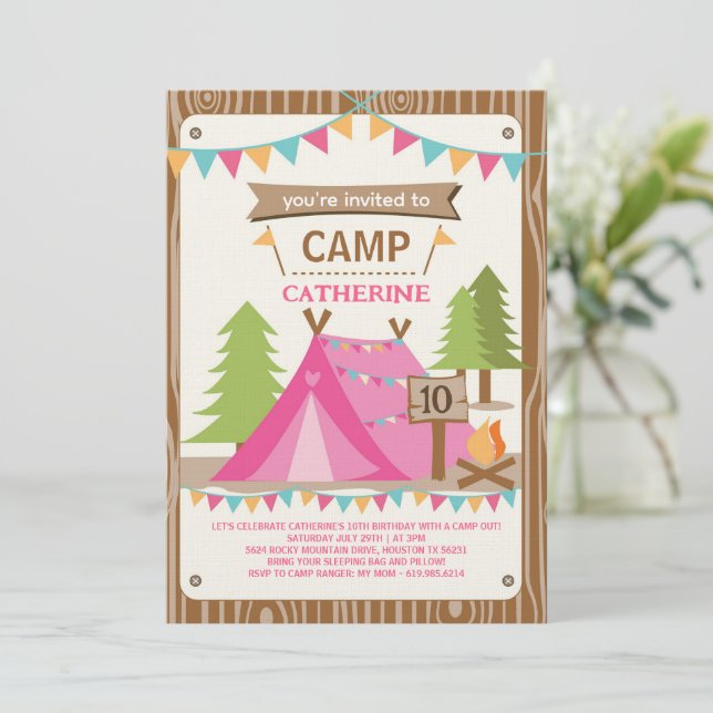 Convites Girls Birthday Party Camping Birthday Party (Em pé/Frente)