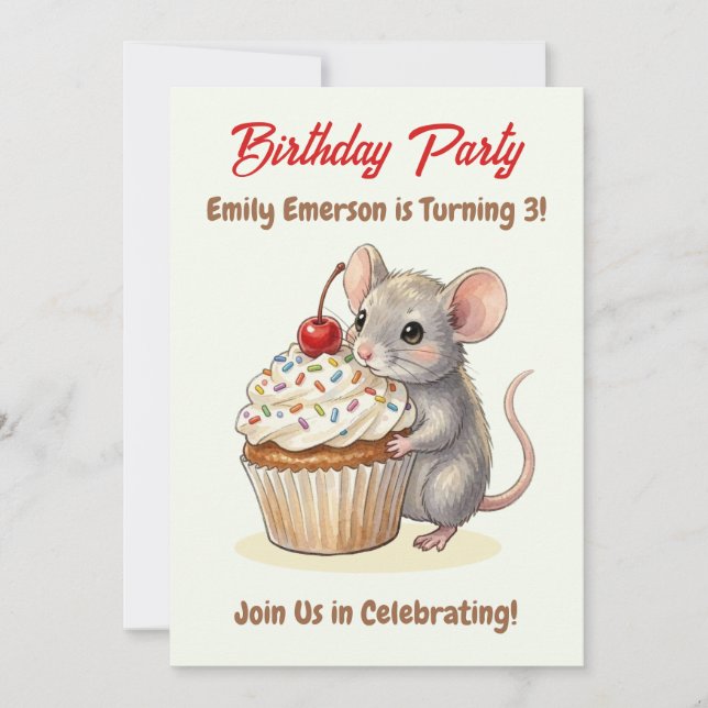 Convites Girl's Birthday Party | Mouse & Cupcake Themed (Frente)