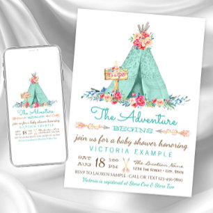 Convites Girls Boho TeePee Baby Shower Invants