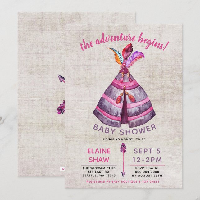 Convites Girls Boho TeePee Baby Shower Invants (Frente/Verso)