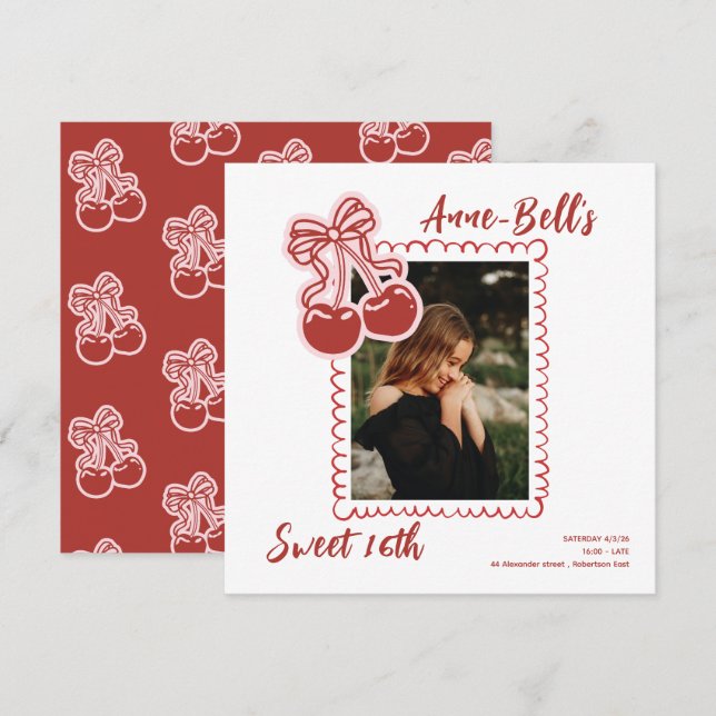 Convites Girls Cherry Sweet 16th Birthday Invitation (Frente/Verso)