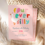 Convites Girls Cute “Four Ever Silly” 4th Birthday Goose<br><div class="desc">This cute and whimsical “Four Ever Silly” 4th birthday invitation features an adorable silly goose holding a balloon, playful colorful typography, and a trendy pink background. Personalize with your party details to create a fun and unique invite for your little one’s fourth birthday celebration. The reverse showcases a matching pink...</div>
