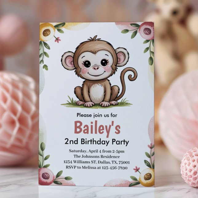 Convites Girls Cute Monkey Jungle Birthday Party (Criador carregado)