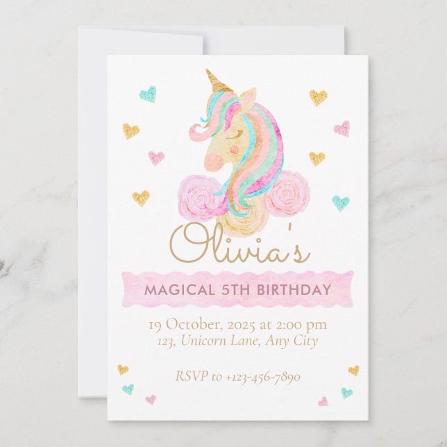 Convites Girls Cute Pastel Unicorn Magical Birthday (Frente)