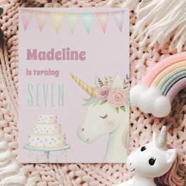 Convites Girls Cute Pink Unicorn Seventh Birthday