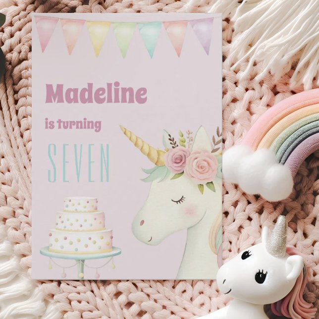 Convites Girls Cute Pink Unicorn Seventh Birthday (Criador carregado)