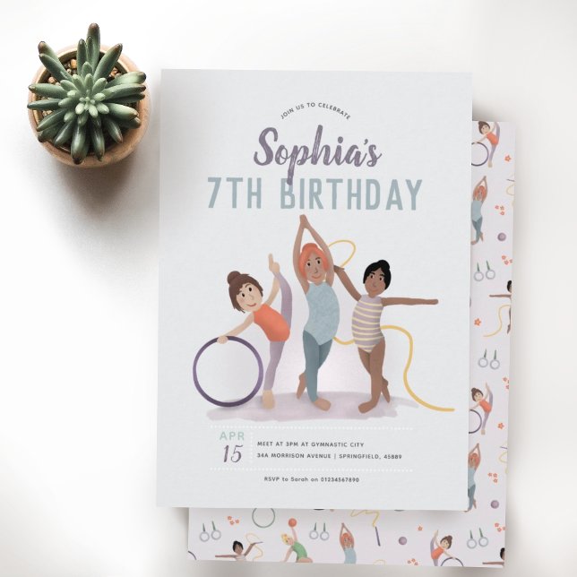 Convites Girls Cute Purple Gymnastics 7 Birthday (Criador carregado)