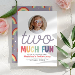 Convites Girls Cute Two Much Fun Rainbow Photo 2nd Birthday