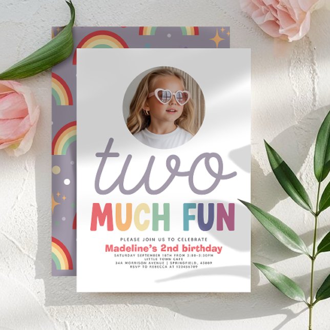 Convites Girls Cute Two Much Fun Rainbow Photo 2nd Birthday (Criador carregado)