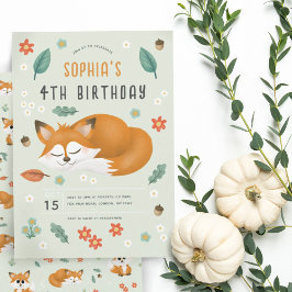 Convites Girls Cute Woodland Forest Fox 4º aniversário