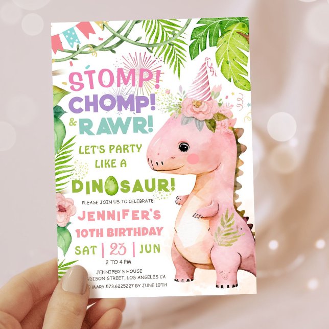 Convites Girls Dinossaur 10th Festa de aniversário Cute Pin (#DinosaurBirthdayInvitation #DinosaurBirthdayInvite #GirlDinosaurBirthdayInvitation
)