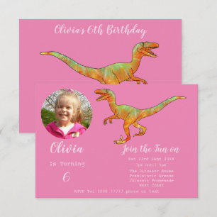 Convites Girls Dinossaur Birthday Velociraptor Party Pink