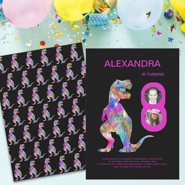 Convites Girls Dinossaur Festa de aniversário Rosa (Colorful Dinosaur T-Rex girls 8th birthday party pink and black invitation)