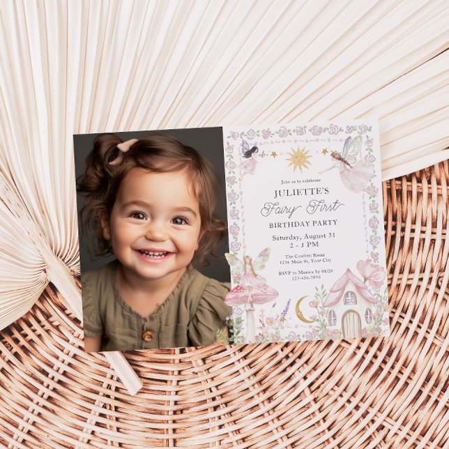 Convites Girls Fairy First Magical Garden Foto de Aniversár (Girls Fairy First Photo Birthday Invite)