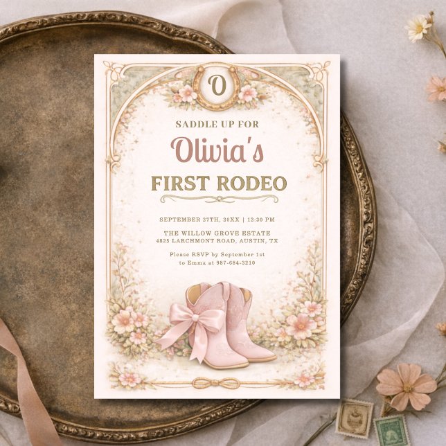 Convites Girl's First 1st Rodeo Pink Bow Birthday (Criador carregado)