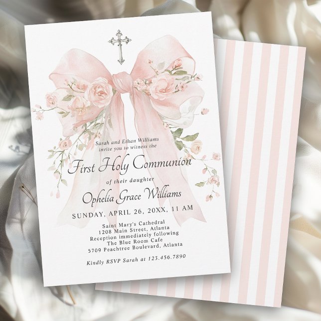 Convites Girl's First Holy Communion Pink Floral Bow (Available in both printed and instant download digital formats.)