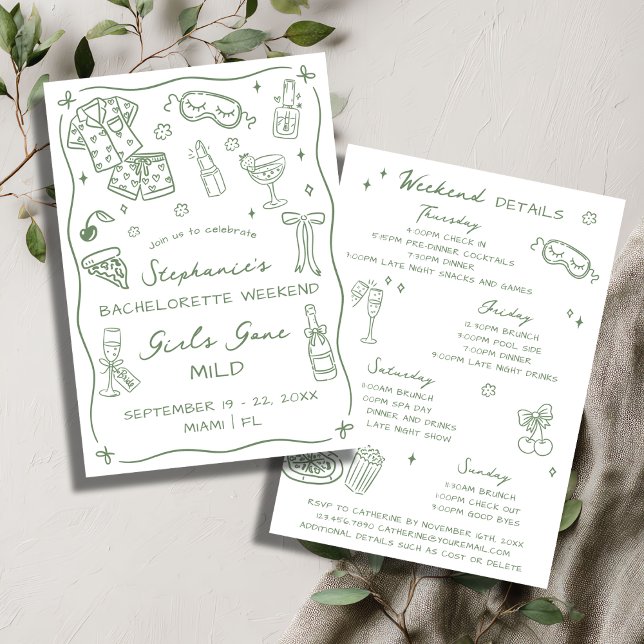 Convites Girls Gone Mild Bachelorette Party Itinerary Sage (Criador carregado)