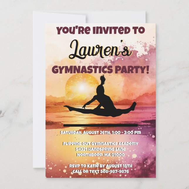 Convites Girls Gymnastics Sunset Beach Birday (Frente)