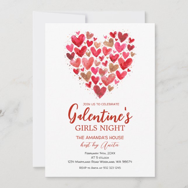 Convites Girls hearts Galentine’s Night Party Valentine (Frente)