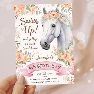 Convites Girls Horse 4º Aniversário Saddle Floral Rosa Rosa