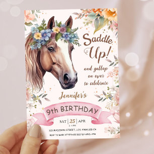 Convites Girls Horse 9º Aniversário Saddle Floral Rosa Rosa
