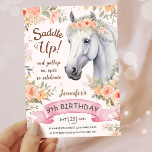 Convites Girls Horse 9º Aniversário Saddle Floral Rosa Rosa