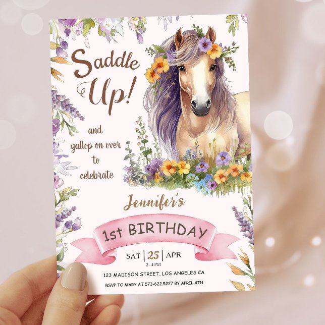 Convites Girls Horse primeiro aniversario Roxo Saddle Flora (Criador carregado)