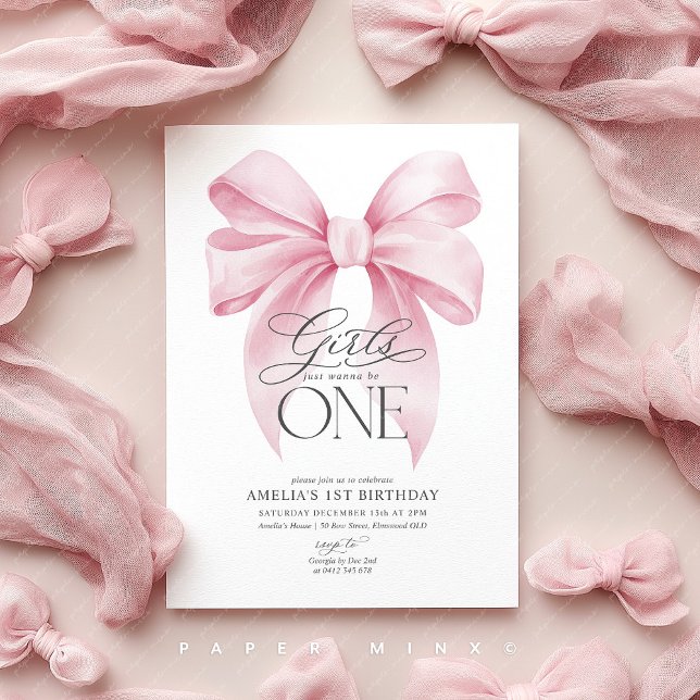 Convites Girls just wanna be ONE 1st Birthday Pink Bow  (Pink Bow Invite | Girls 1st birthday party)