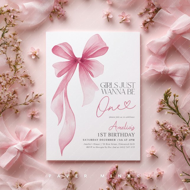 Convites Girls just wanna be ONE! 1st Birthday Pink Bow (Girl's just wanna be one! Pink Bow 1st birthday party invitation)