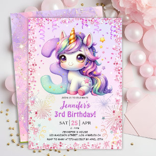 Convites Girls Magical Unicorn aniversário de 3 anos