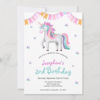 Convites Girls Magical Unicorn aniversário de 3 anos