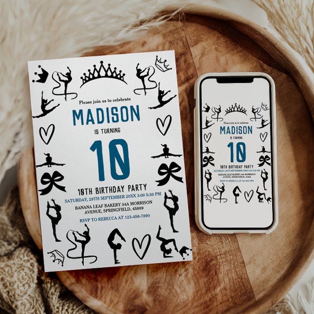Convites Girls Modern Black Gymnastics Kids 10th Birthday (Girls Modern Black Gymnastics Kids 10th Birthday Invitation)
