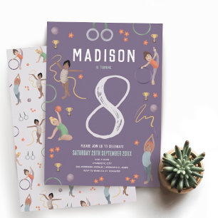 Convites Girls Modern Purple Gymnastics Aniversário de cria