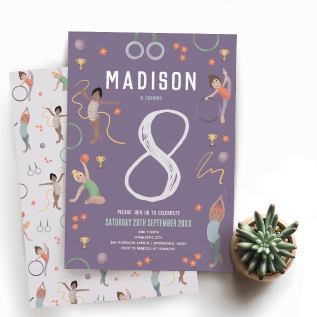 Convites Girls Modern Purple Gymnastics Aniversário de cria (Criador carregado)