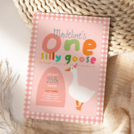 Convites Girls One Silly Goose Pink Gingham First Birthday