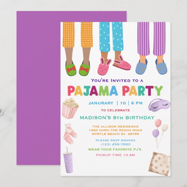 Convites Girls Pajama Birthday Sleepover Party (Frente/Verso)