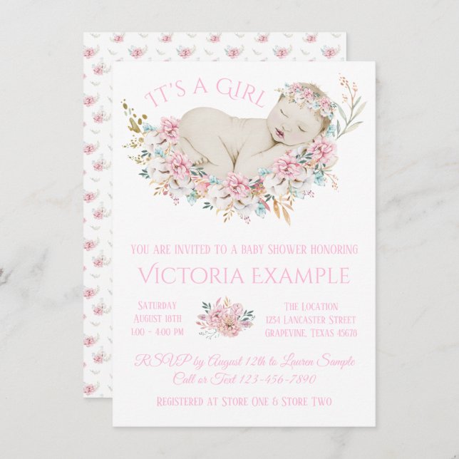 Convites Girls Pastel Watercolor Chá de fraldas Floral (Frente/Verso)