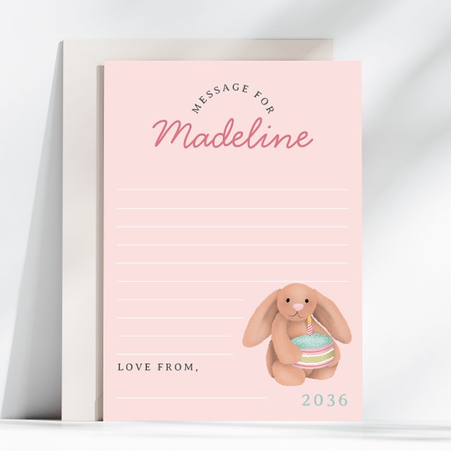 Convites Girls Pink Bunny First Birthday Time Capsule Cards (Criador carregado)