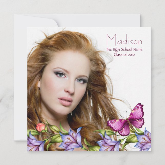 Convites Girls Pink Butterfly Graduação de Foto (Frente)