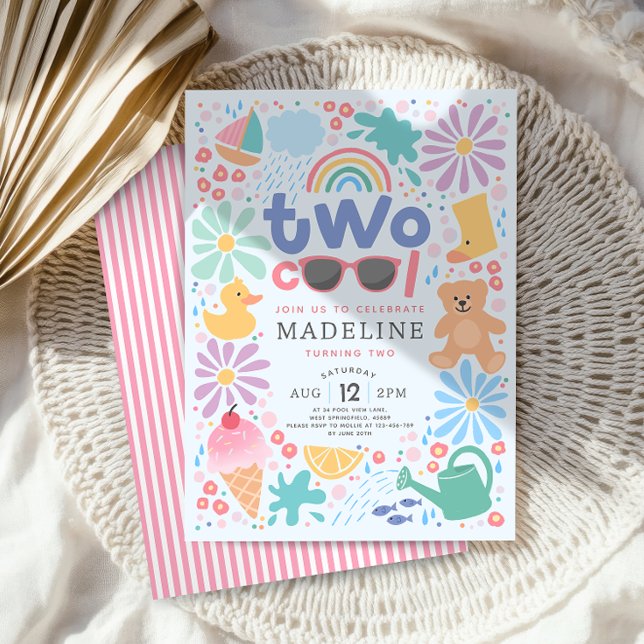 Convites Girls Pink Two Cool Summer Splash Second Birthday (Criador carregado)