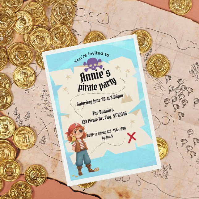 Convites Girls Pirate Map Birthday Party Invitation (Criador carregado)