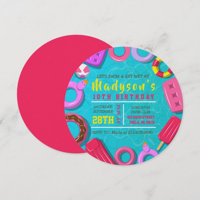 Convites GIRLS POOL SWIM FLOATS Birthday Party Invitation (Frente/Verso)