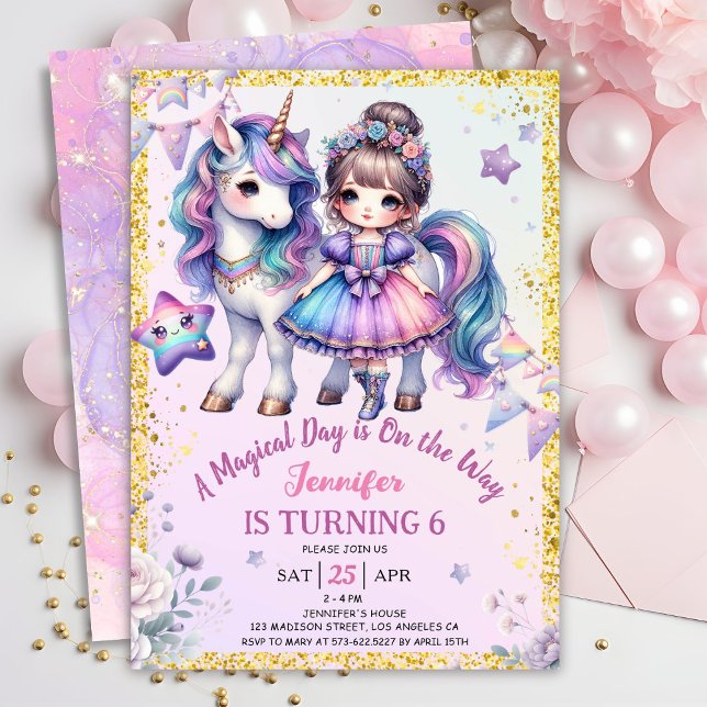 Convites Girls Princess Unicorn 6 Birthday Roxo Dourado (Criador carregado)
