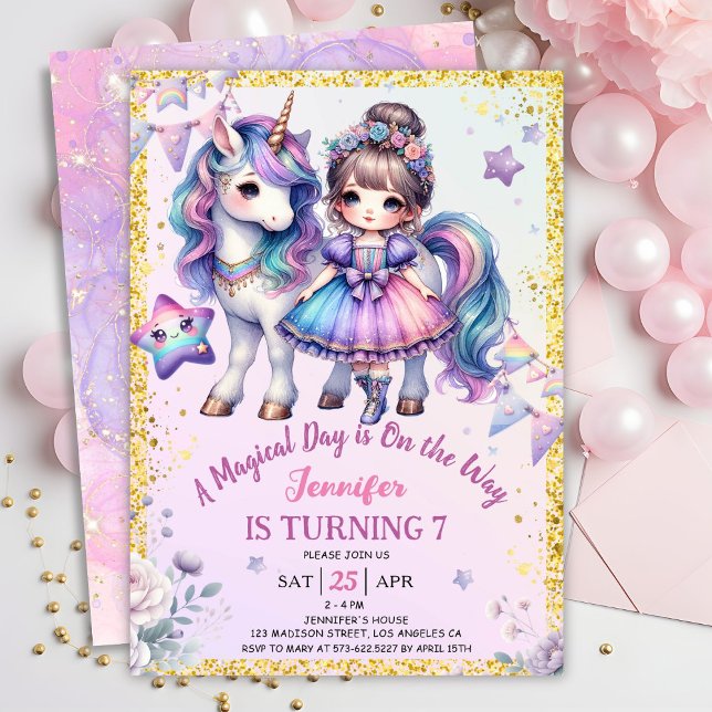 Convites Girls Princess Unicorn 7 Birthday Roxo Dourado (Criador carregado)