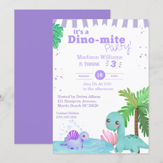 Convites Girls Purple Dinosaur aniversário de 3 anos