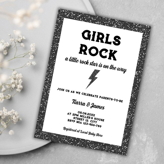 Convites Girls Rock Black Rock And Roll Girl Chá de fraldas (girls rock little rock star rock and roll girl baby shower invitation)