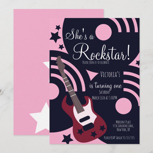 Convites Girls Rockstar Guitar Star Rock Birthday Party  (Frente/Verso)